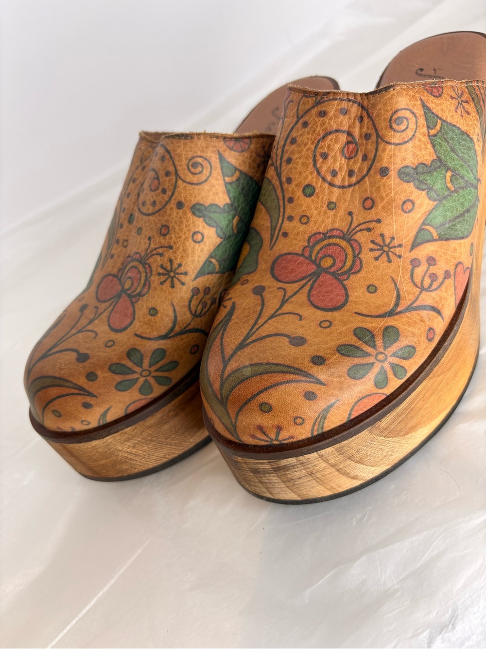 Free People Tan Floral Leather Platform Clogs with Green Accents - Picture 11 of 14